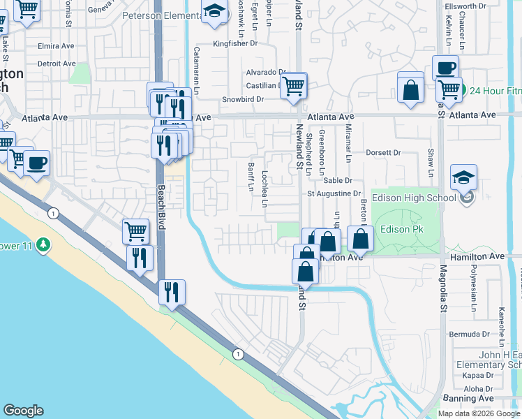 map of restaurants, bars, coffee shops, grocery stores, and more near 8426 Terranova Circle in Huntington Beach