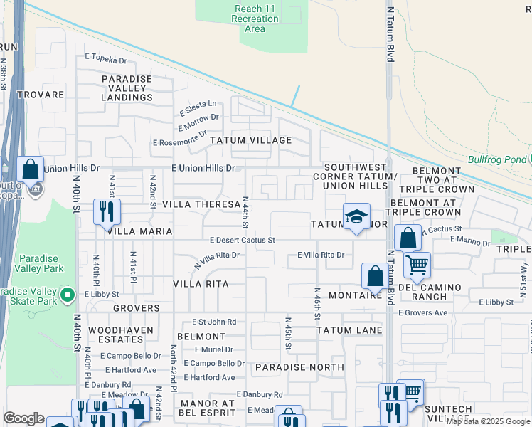 map of restaurants, bars, coffee shops, grocery stores, and more near 18216 North 44th Place in Phoenix