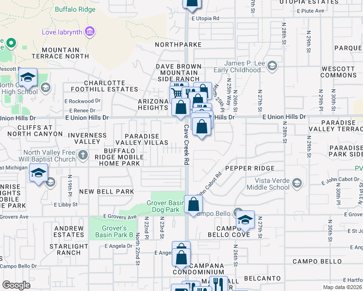 map of restaurants, bars, coffee shops, grocery stores, and more near 18250 North Cave Creek Road in Phoenix