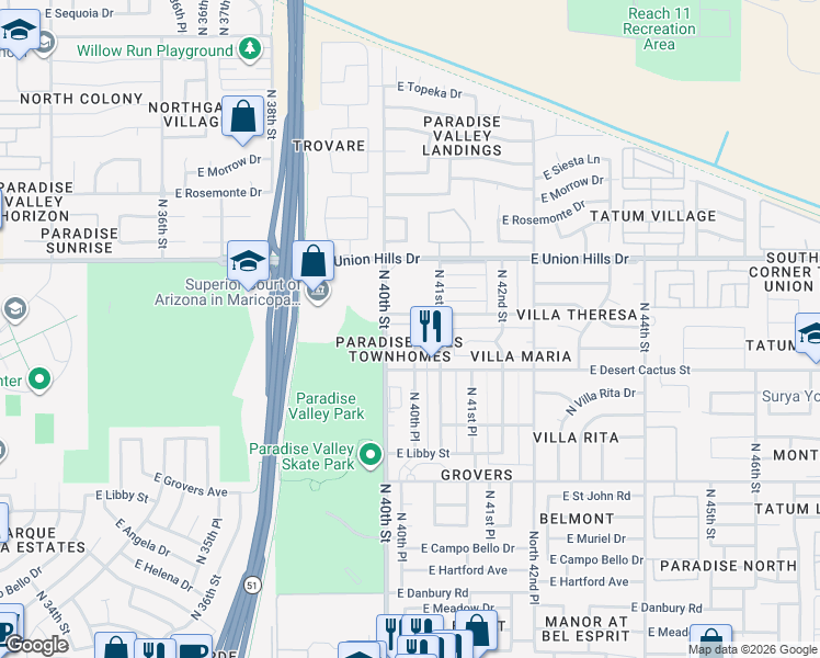map of restaurants, bars, coffee shops, grocery stores, and more near 18239 North 40th Street in Phoenix