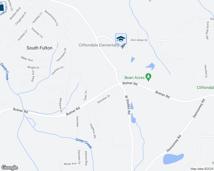 map of restaurants, bars, coffee shops, grocery stores, and more near 6985 Butner Road Southwest in Atlanta