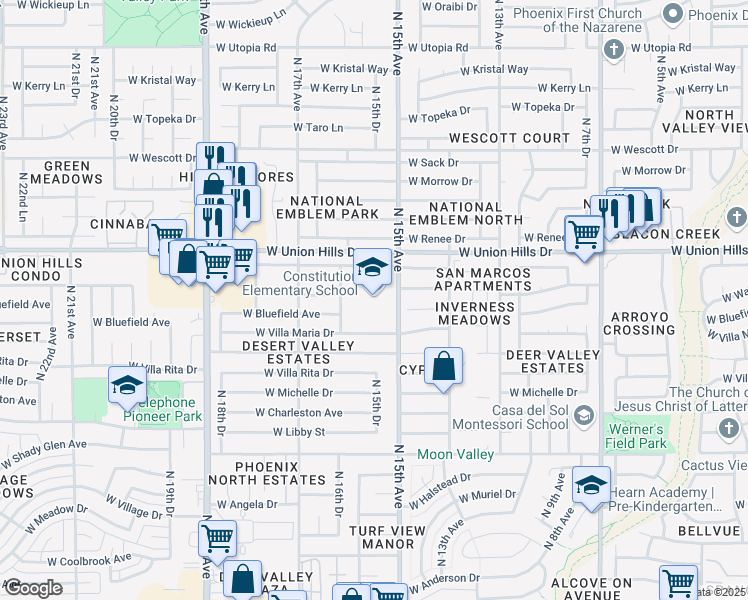 map of restaurants, bars, coffee shops, grocery stores, and more near 18440 North 15th Avenue in Phoenix