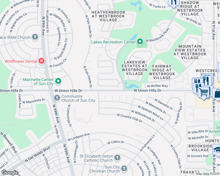 map of restaurants, bars, coffee shops, grocery stores, and more near 18419 North 98th Avenue in Sun City