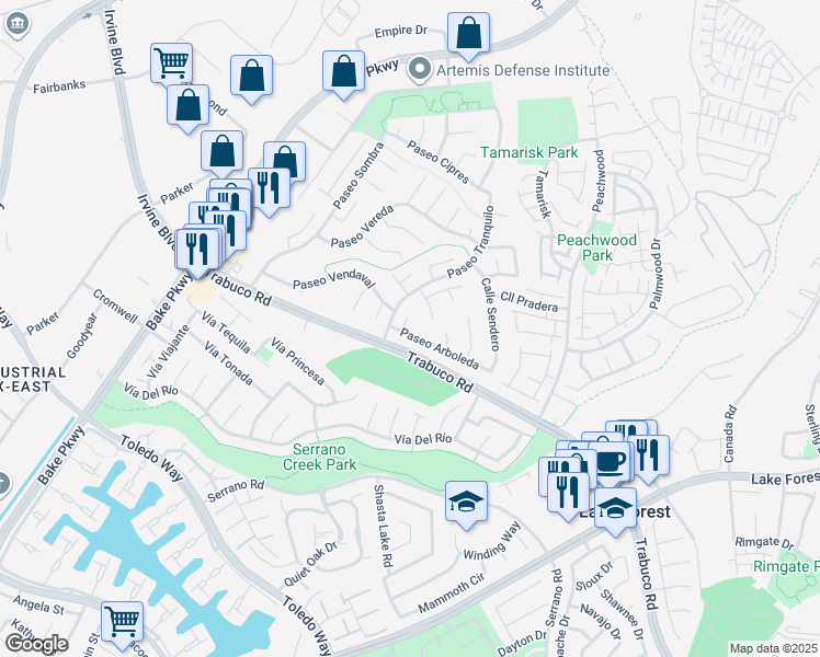 map of restaurants, bars, coffee shops, grocery stores, and more near 21322 Calle Balsa in Lake Forest