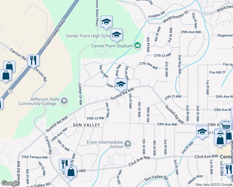 map of restaurants, bars, coffee shops, grocery stores, and more near 532 Sunhill Road Northwest in Center Point
