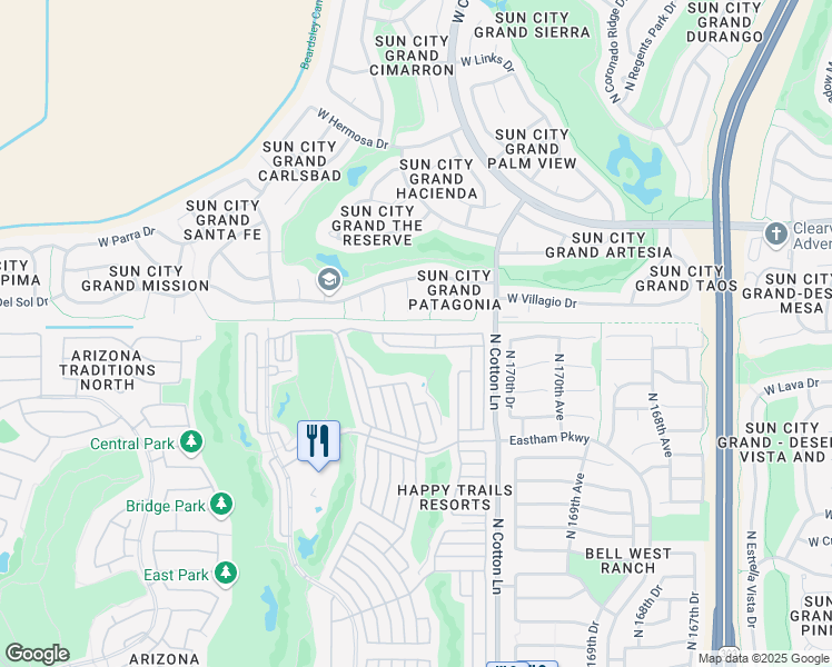 map of restaurants, bars, coffee shops, grocery stores, and more near 17299 West Ironwood in Surprise
