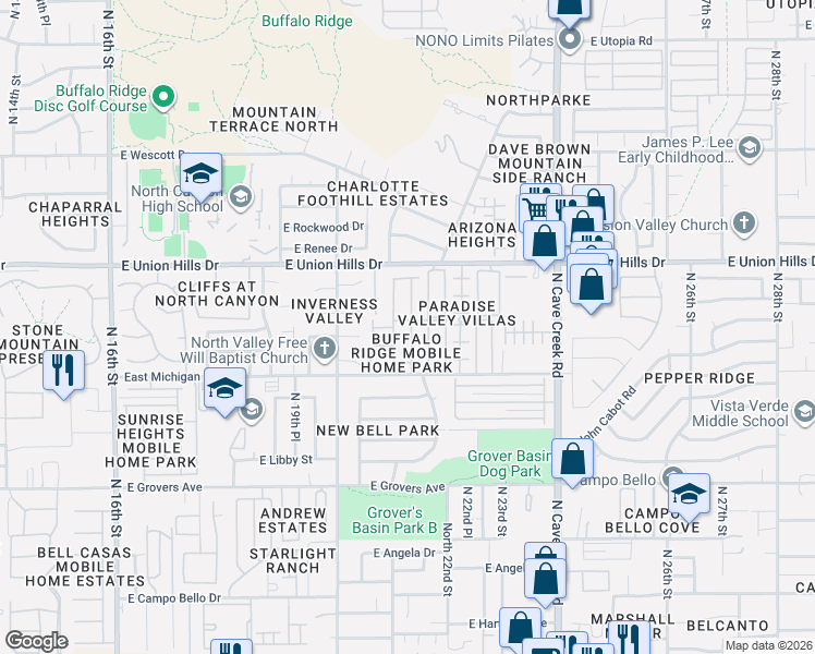 map of restaurants, bars, coffee shops, grocery stores, and more near 18250 North 21st Place in Phoenix