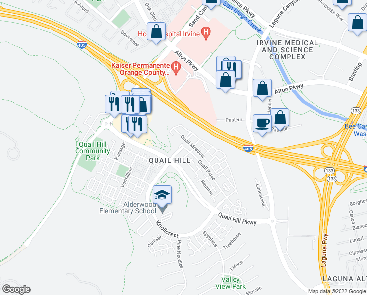 map of restaurants, bars, coffee shops, grocery stores, and more near W Knollcrest & Quail Ridge in Irvine