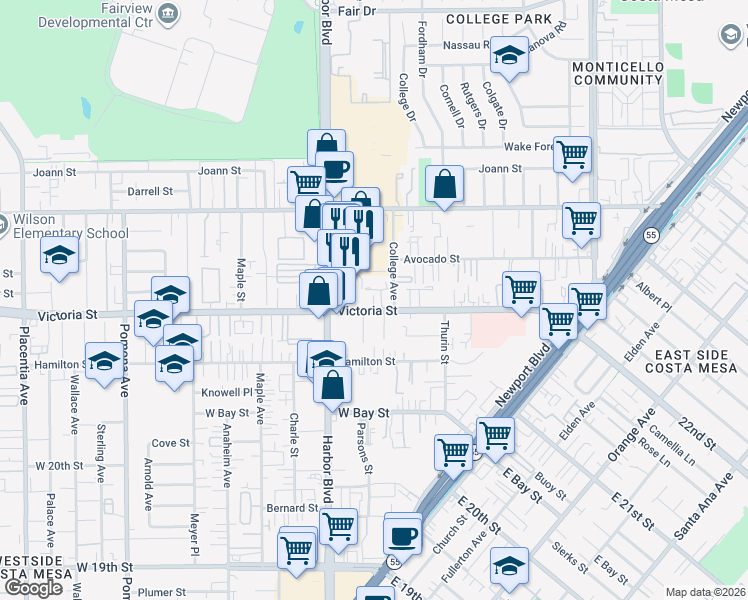 map of restaurants, bars, coffee shops, grocery stores, and more near 2168 Kristin Lane in Costa Mesa