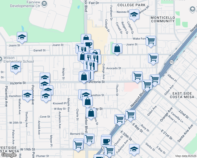map of restaurants, bars, coffee shops, grocery stores, and more near 2168 Kristin Lane in Costa Mesa