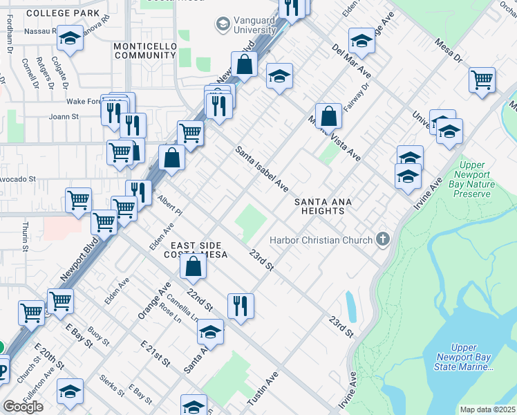 map of restaurants, bars, coffee shops, grocery stores, and more near 233 East Wilson Street in Costa Mesa