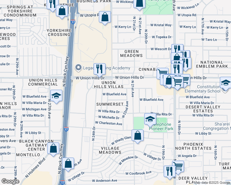 map of restaurants, bars, coffee shops, grocery stores, and more near 2234 West Bluefield Avenue in Phoenix