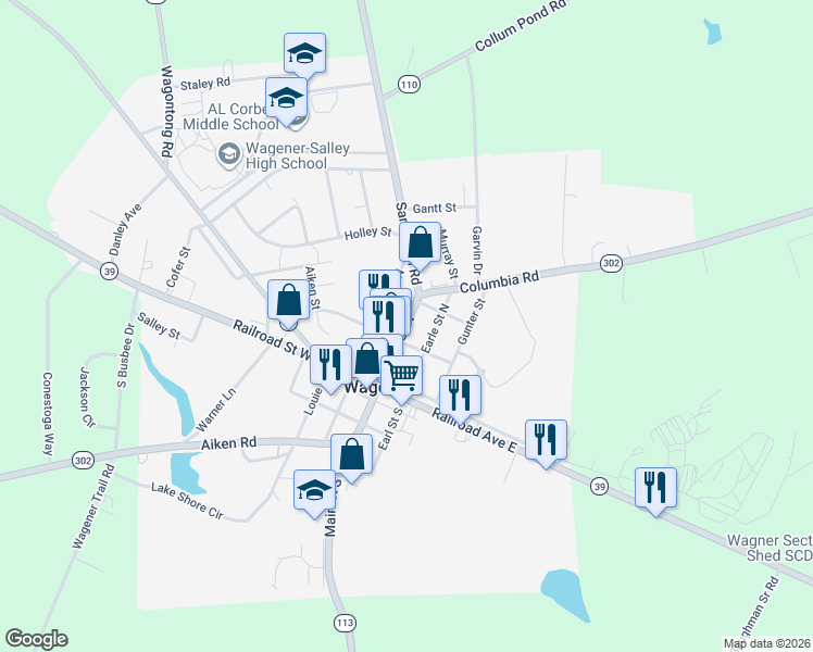map of restaurants, bars, coffee shops, grocery stores, and more near South Carolina 113 in Wagener