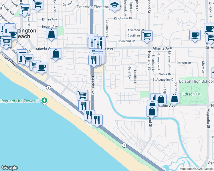 map of restaurants, bars, coffee shops, grocery stores, and more near 21332 Ashburton Circle in Huntington Beach