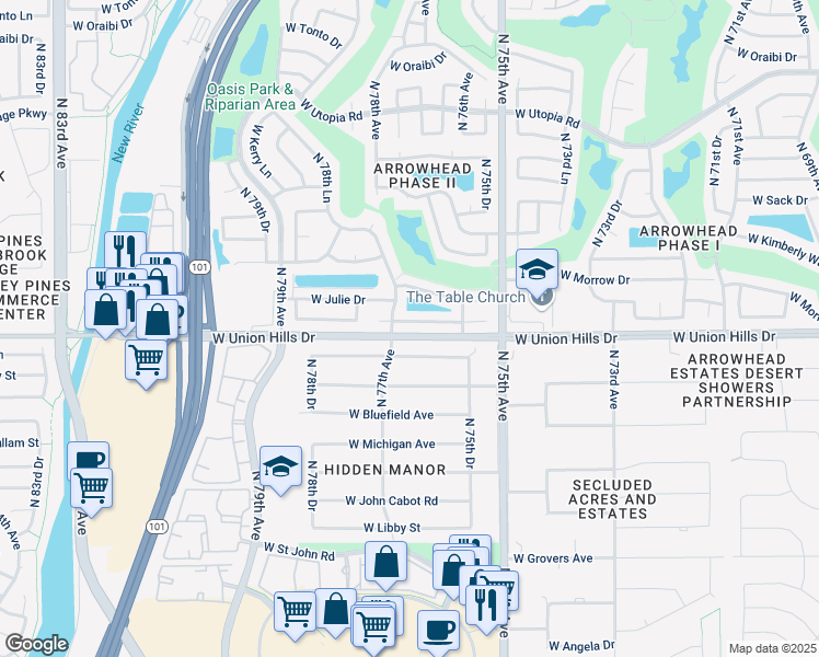 map of restaurants, bars, coffee shops, grocery stores, and more near 7637 West McRae Way in Glendale