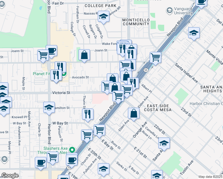 map of restaurants, bars, coffee shops, grocery stores, and more near 254 Victoria Street in Costa Mesa