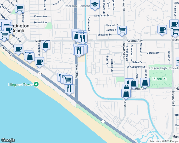map of restaurants, bars, coffee shops, grocery stores, and more near 8131 Foxhall Drive in Huntington Beach