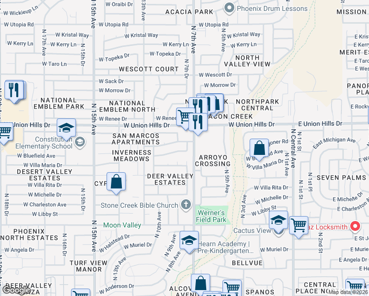 map of restaurants, bars, coffee shops, grocery stores, and more near 716 West Bluefield Avenue in Phoenix