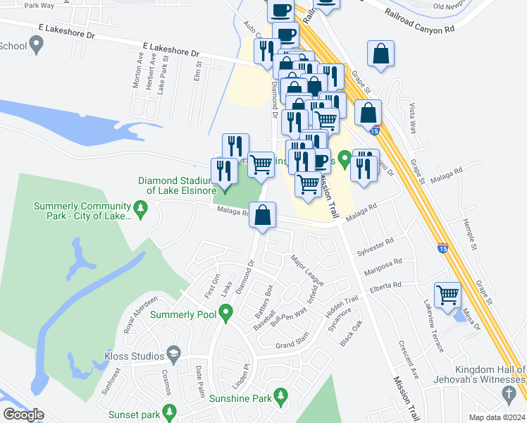 map of restaurants, bars, coffee shops, grocery stores, and more near Diamond Drive in Lake Elsinore