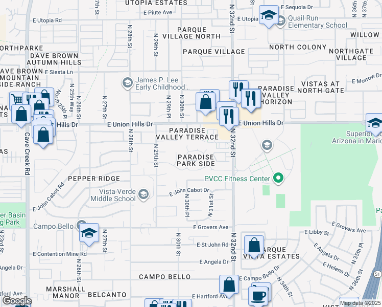 map of restaurants, bars, coffee shops, grocery stores, and more near 3018 East Villa Maria Drive in Phoenix