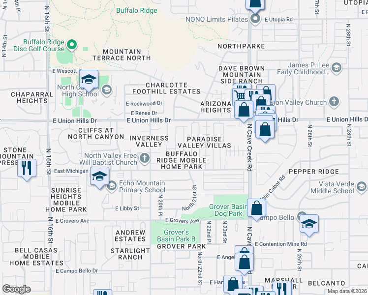map of restaurants, bars, coffee shops, grocery stores, and more near 18250 North 21st Place in Phoenix