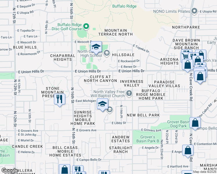map of restaurants, bars, coffee shops, grocery stores, and more near 1833 East Bluefield Avenue in Phoenix