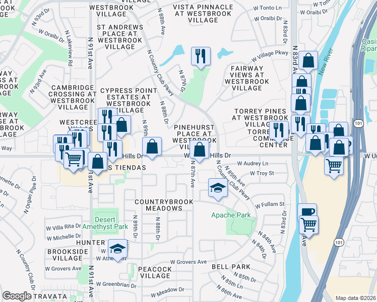 map of restaurants, bars, coffee shops, grocery stores, and more near in Peoria