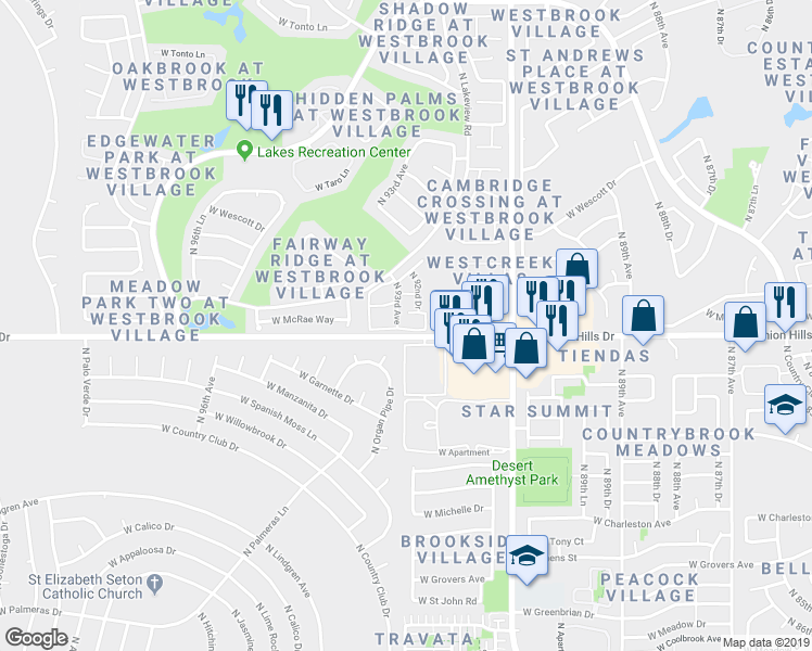 map of restaurants, bars, coffee shops, grocery stores, and more near 9267 West Union Hills Drive in Peoria