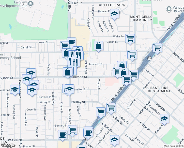 map of restaurants, bars, coffee shops, grocery stores, and more near 365 Victoria Street in Costa Mesa