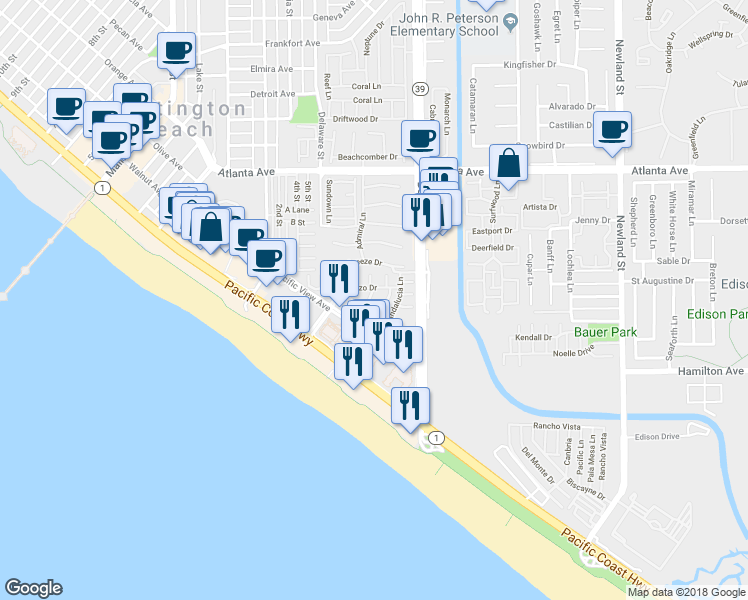 map of restaurants, bars, coffee shops, grocery stores, and more near 21355 Andalucia Lane in Huntington Beach