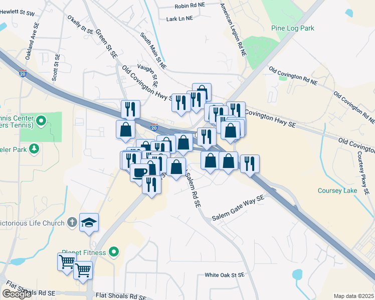 map of restaurants, bars, coffee shops, grocery stores, and more near 0 Georgia 138 in Stockbridge