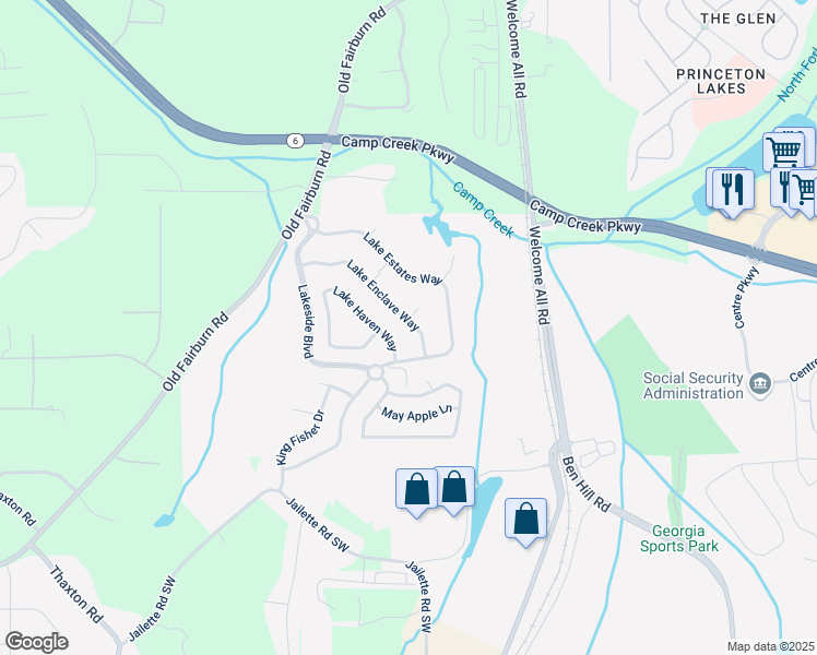 map of restaurants, bars, coffee shops, grocery stores, and more near 3740 Lake Enclave Way in Atlanta