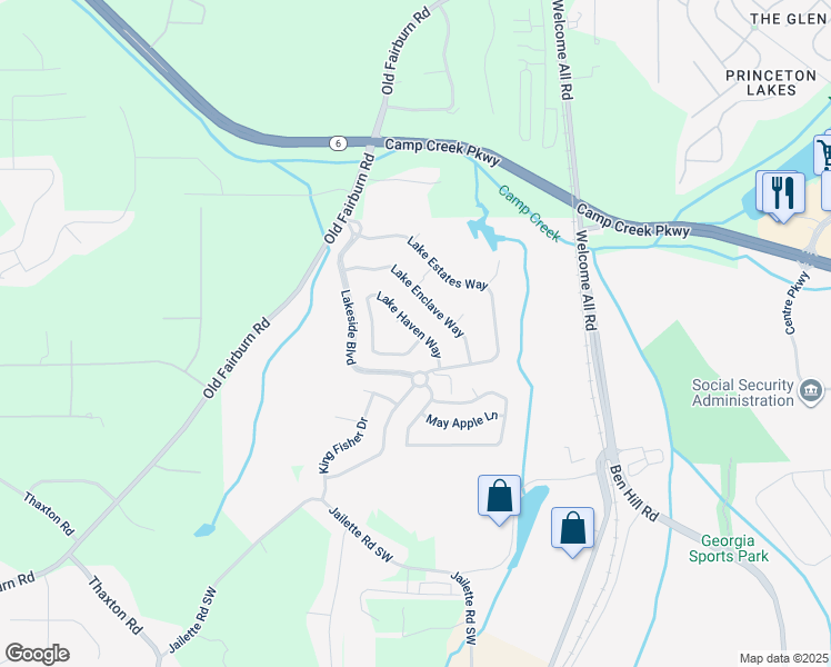 map of restaurants, bars, coffee shops, grocery stores, and more near 3834 Lake Haven Way in Atlanta