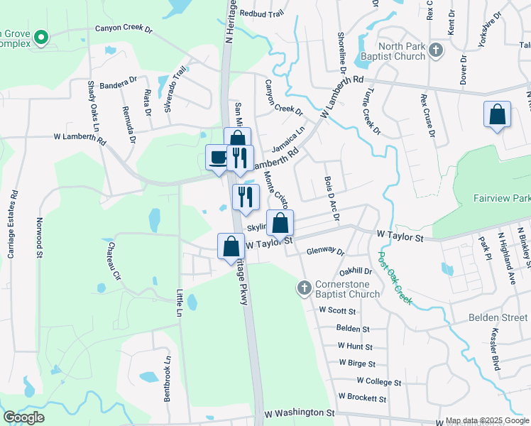 map of restaurants, bars, coffee shops, grocery stores, and more near 1904 Monte Cristo Way in Sherman