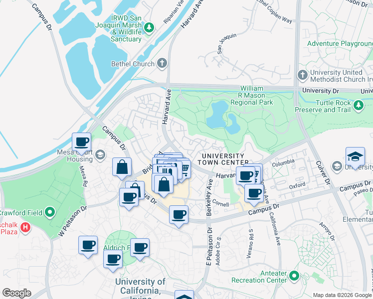 map of restaurants, bars, coffee shops, grocery stores, and more near 14 Scripps Aisle in Irvine