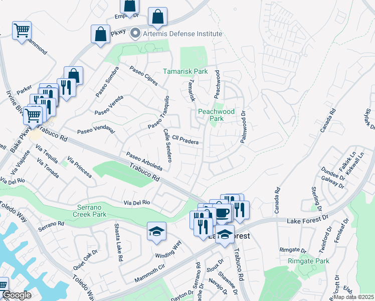 map of restaurants, bars, coffee shops, grocery stores, and more near 25224 Birch Grove Lane in Lake Forest