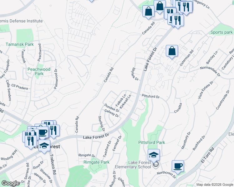 map of restaurants, bars, coffee shops, grocery stores, and more near 26051 Dunbar Drive in Lake Forest