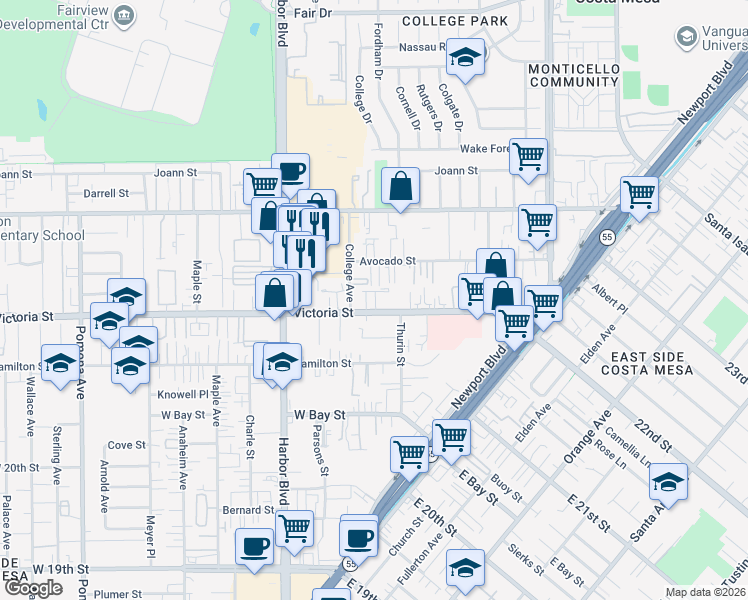 map of restaurants, bars, coffee shops, grocery stores, and more near 365 Victoria Street in Costa Mesa