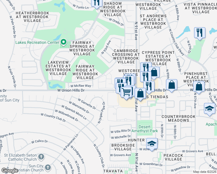 map of restaurants, bars, coffee shops, grocery stores, and more near 9267 West Union Hills Drive in Peoria