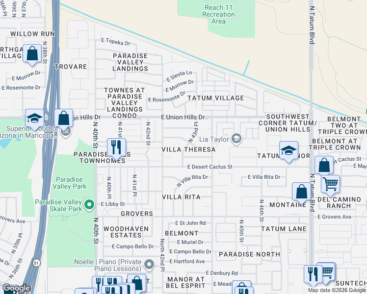 map of restaurants, bars, coffee shops, grocery stores, and more near 4322 East Villa Maria Drive in Phoenix