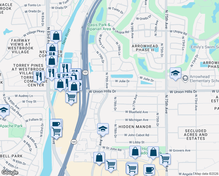 map of restaurants, bars, coffee shops, grocery stores, and more near 18428 North 78th Drive in Glendale