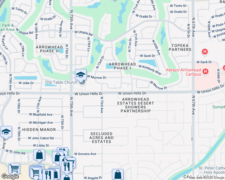 map of restaurants, bars, coffee shops, grocery stores, and more near 7227 West Union Hills Drive in Glendale