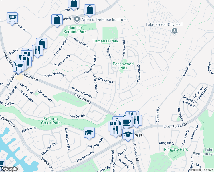 map of restaurants, bars, coffee shops, grocery stores, and more near 21324 Balsam Lane in Lake Forest