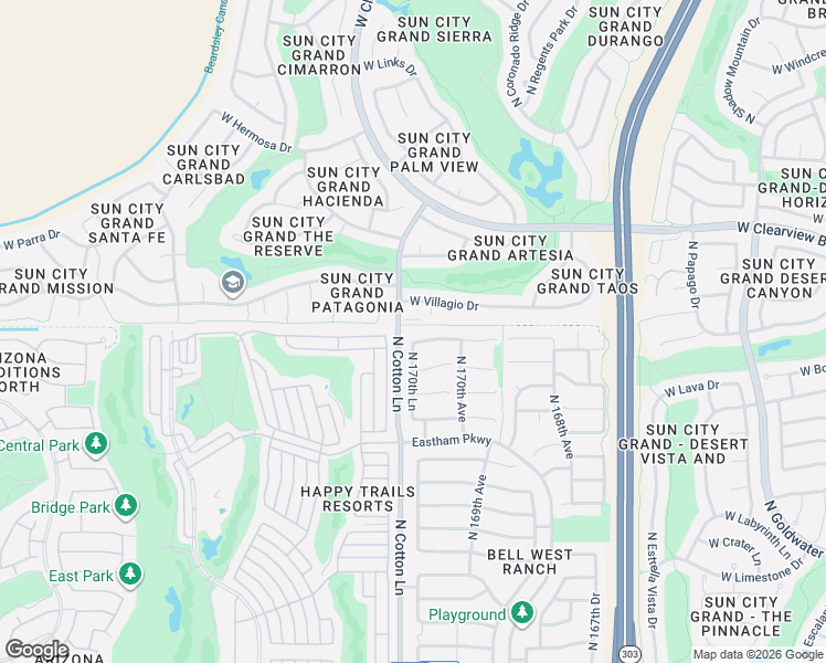 map of restaurants, bars, coffee shops, grocery stores, and more near 18460 North 170th Drive in Surprise
