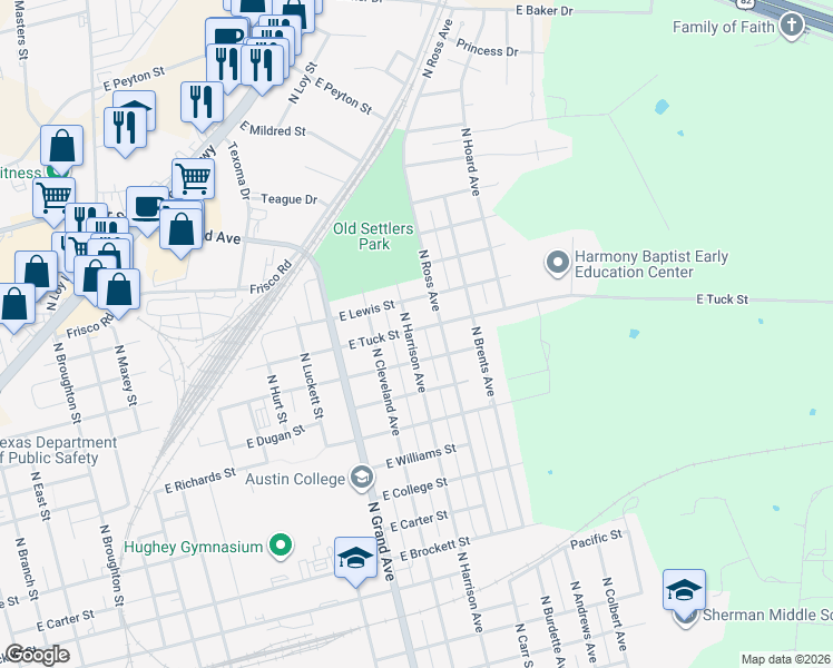 map of restaurants, bars, coffee shops, grocery stores, and more near 1329 North Harrison Avenue in Sherman