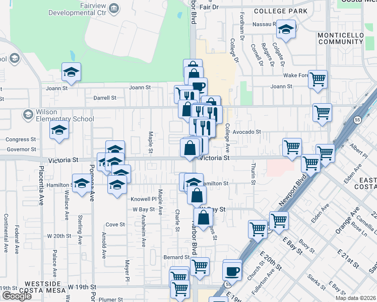 map of restaurants, bars, coffee shops, grocery stores, and more near 2165 Harbor Boulevard in Costa Mesa