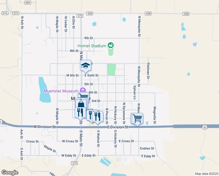 map of restaurants, bars, coffee shops, grocery stores, and more near 420 North Pecan Street in Muenster