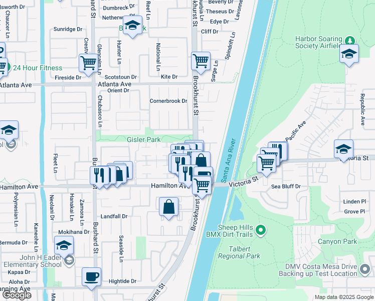 map of restaurants, bars, coffee shops, grocery stores, and more near 9933 Villa Pacific Drive in Huntington Beach