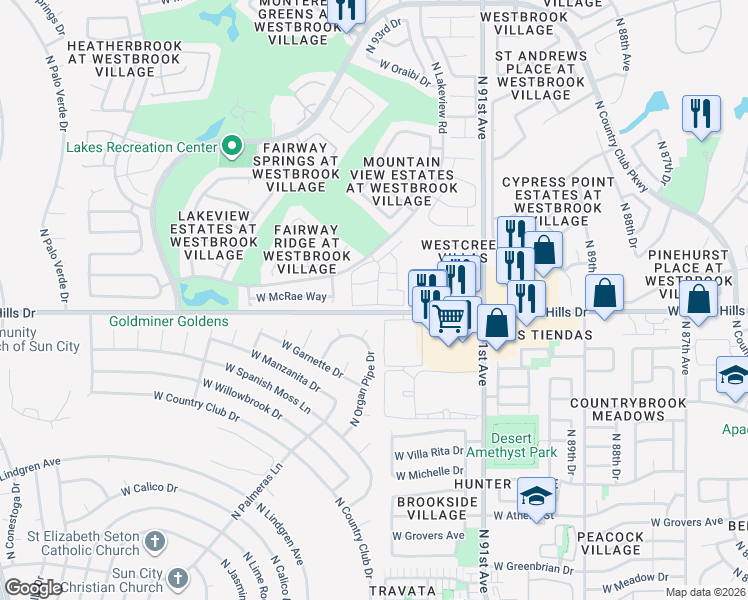 map of restaurants, bars, coffee shops, grocery stores, and more near 18422 North Scenic Court in Sun City