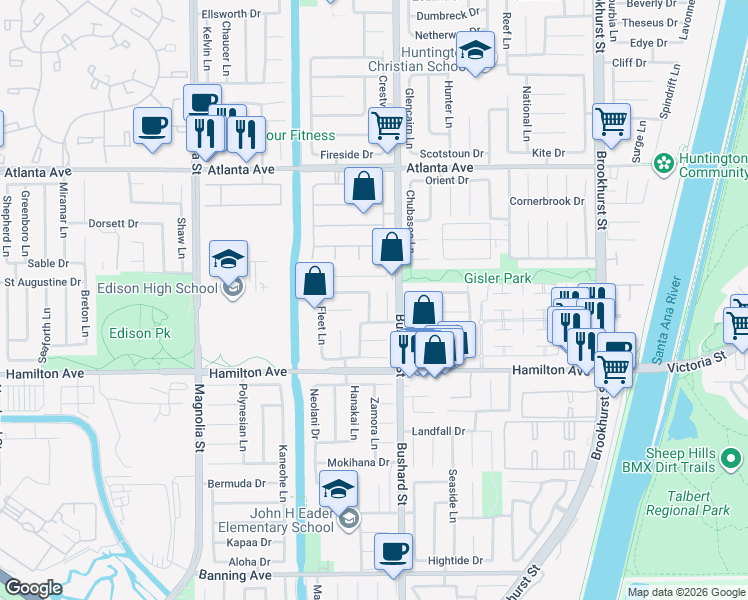 map of restaurants, bars, coffee shops, grocery stores, and more near 21302 Compass Lane in Huntington Beach